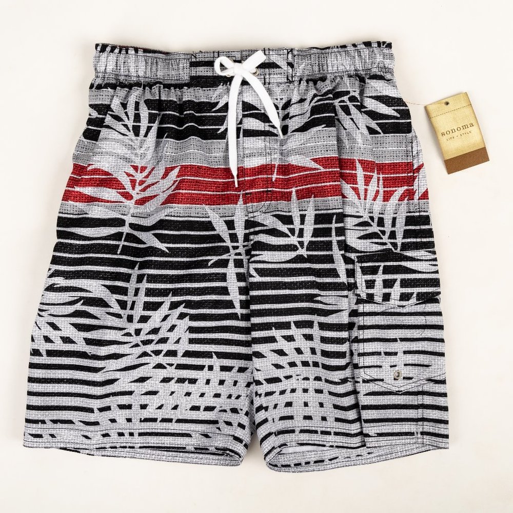 Sonoma Gray Black Burgundy Swim Trunks NEW with Tags